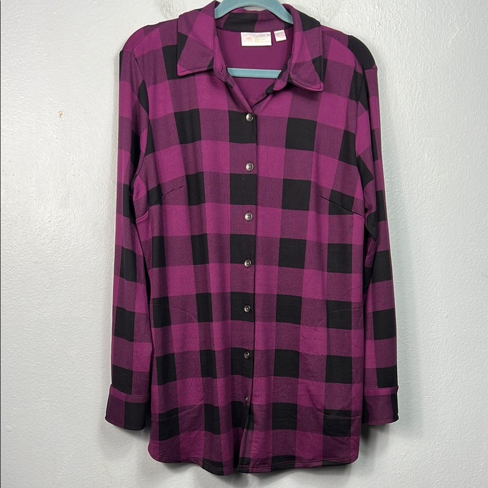 Belle Kim Gravel Purple Black Plaid Long Sleeve Button Front Tunic Blouse Medium